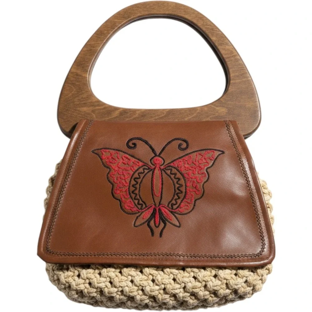Vintage Boho Macrame Handbag Butterfly Embroidered‎ Wood Handle Brown Tan Bag